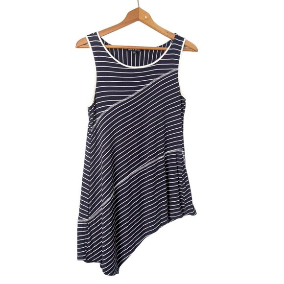 Cable & Gauge Striped Asymmetrical Tunic Stretch Sleeveless Blouse Navy White - Picture 2 of 7